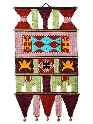 Multicolored Cotton Handmade Wall-Hanging with Wooden Beads and Brass Bells from Maharashtra