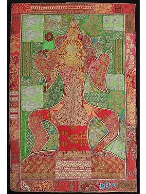 Coral-Paradise Hand-Crafted Meditating Buddha Wall Hanging from Gujarat with Upcycled Embroidery Patchwork