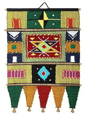 Multicolored Cotton Handmade Tantra Wall-Hanging with Wooden Beads and Brass Bells from Maharashtra