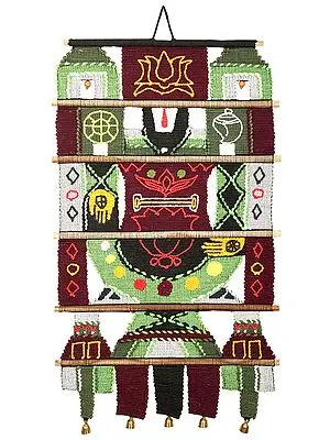 Maroon and Green Cotton Handmade Balaji Wall-Hanging with Wooden Beads and Brass Bells from Maharashtra