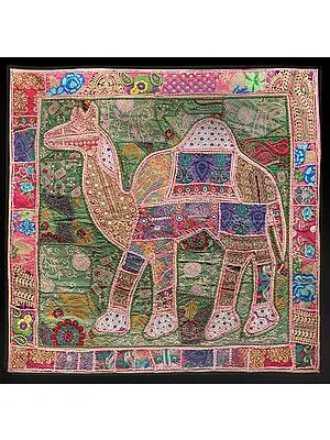 Prism-Pink Hand-Crafted Camel Wall Hanging from Gujarat with Upcycled Embroidery Patchwork