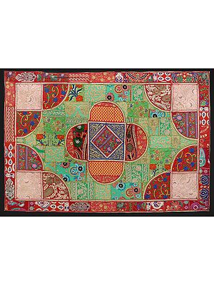 Rococco-Red Hand-Crafted Geometric Wall Hanging from Gujarat with Upcycled Embroidery Patchwork