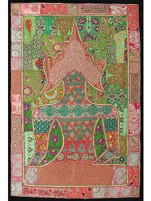 Conch-Shell Hand-Crafted Meditating Buddha Wall Tapestry from Gujarat with Upcycled Embroidery Patchwork