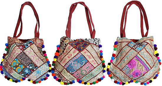 Lot of Three Shopper Bags from Kutch with Floral Embroidery and Embellished Crystals