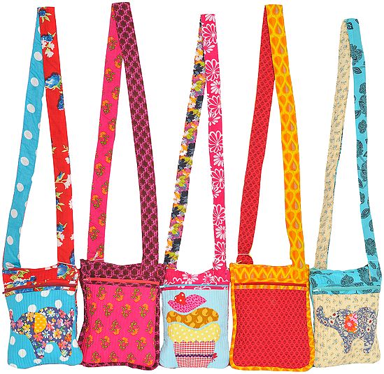 Lot of Five Printed Passport Bags with Straight Stitch and Applique-work