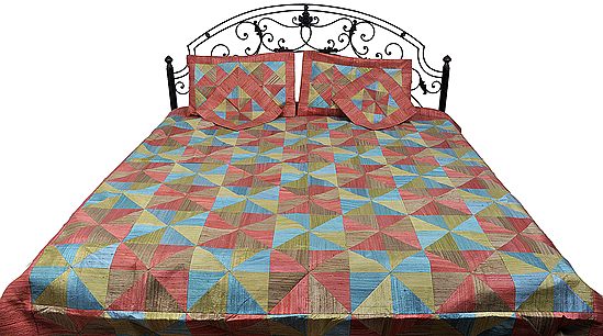 Tri-Color Five-Piece Patchwork Bedspread from Banaras