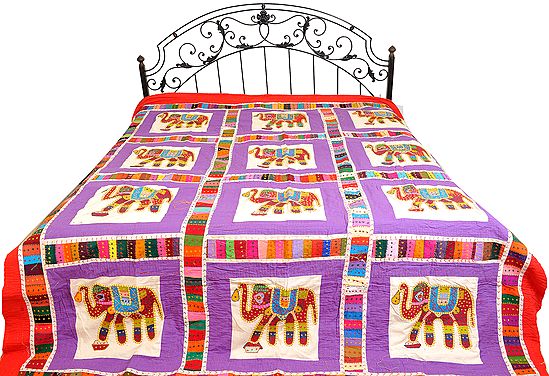Bedspread from Gujarat with Applique Elephants and Kantha Embroidery
