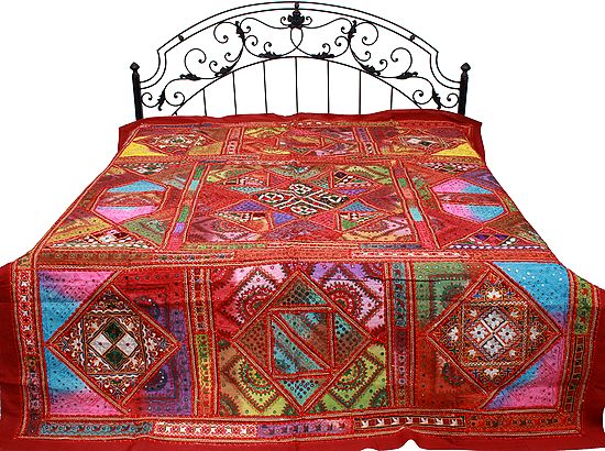 Garnet-Rose Bedspread from Gujarat with Embroidered Kutch Patches and Mirrors