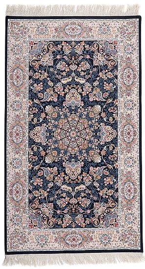 Midnight Handloom Carpet from Bhadohi with Floral Motifs