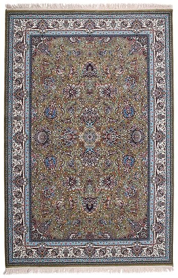 Avocado Handloom Carpet from Kashmir with Knotted Flowers