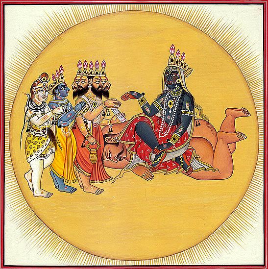 Devi Bhadrakali, The Trimurti Bowing Before Her (Tantric Devi Series)