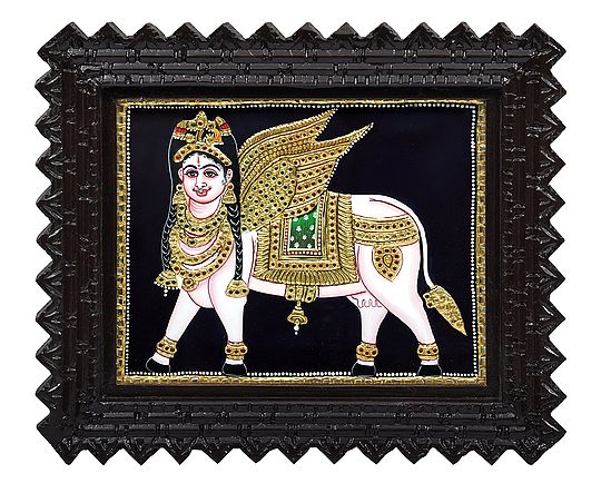 Kamadhenu - The Wish Fulfiling Cow Tanjore Painting | Traditional Colors With 24K Gold | Teakwood Frame | Gold & Wood | Handmade | Made In India