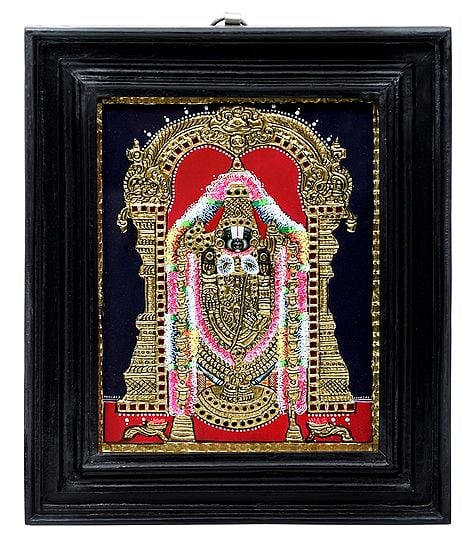 Lord Venkateshvara as Balaji at Tirupati | Tanjore Painting | Traditional Colors With 24K Gold | Teakwood Frame | Gold & Wood | Handmade | Made In India