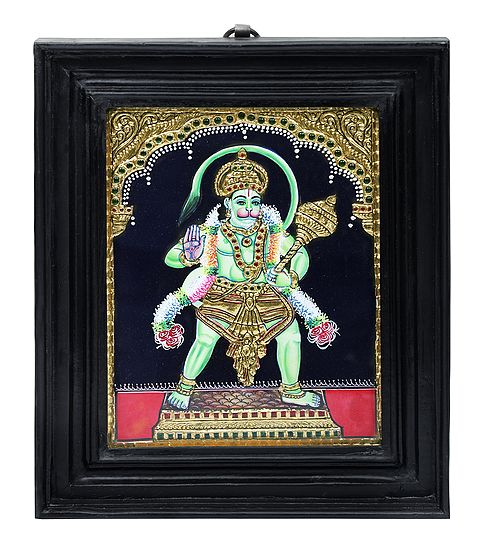 Hanuman Ji Tanjore Painting | Traditional Colors With 24K Gold | Teakwood Frame | Gold & Wood | Handmade | Made In India