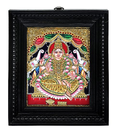 Gajalakshmi Tanjore Painting | Traditional Colors With 24K Gold | Teakwood Frame | Gold & Wood | Handmade | Made In India