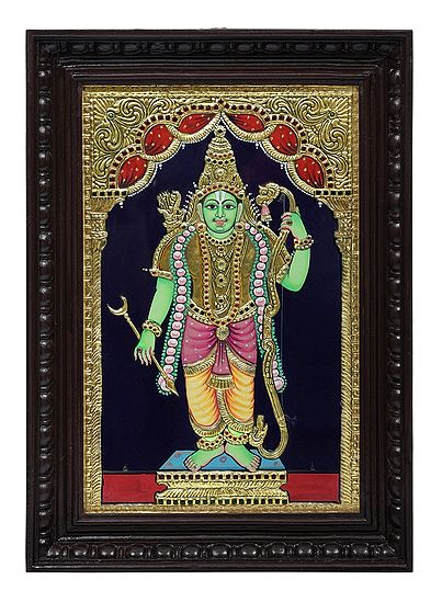 Bhagawan Rama Tanjore Painting | Traditional Colors With 24K Gold | Teakwood Frame | Gold & Wood | Handmade | Made In India