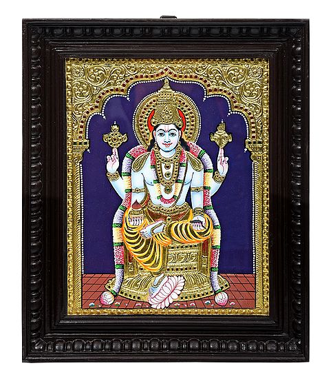 Dhanvantari Tanjore Painting | Traditional Colors With 24K Gold | Teakwood Frame | Gold & Wood | Handmade | Made In India