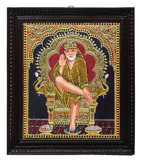 Shirdi Sai Baba Tanjore Painting | Traditional Colors With 24K Gold | Teakwood Frame | Gold & Wood | Handmade | Made In India