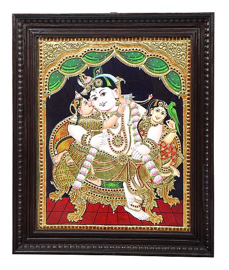 Shri Krishna with Rukmini and Satyabhama Tanjore Painting | Traditional Colors With 24K Gold | Teakwood Frame | Gold & Wood | Handmade | Made In India