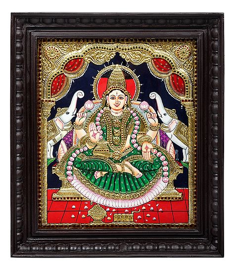 Padmasana Gajalakshmi Tanjore Painting | Traditional Colors With 24K Gold