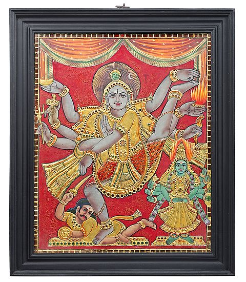 Urdhva Tandav (Dancing Shiva) Tanjore Painting | Traditional Colors With 24K Gold | Teakwood Frame | Gold & Wood | Handmade | Made In India