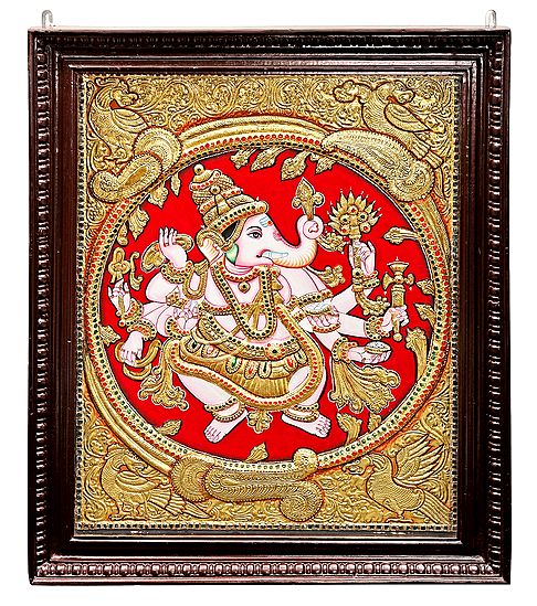 Large Ashtabhuja-Dhari Ganesha Tanjore Painting | Traditional Colors With 24K Gold | Teakwood Frame | Gold & Wood | Handmade | Made In India
