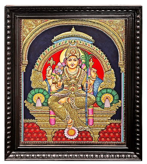 Large Goddess Rajarajeshwari Tanjore Painting | Traditional Colors With 24K Gold | Teakwood Frame | Gold & Wood | Handmade | Made In India