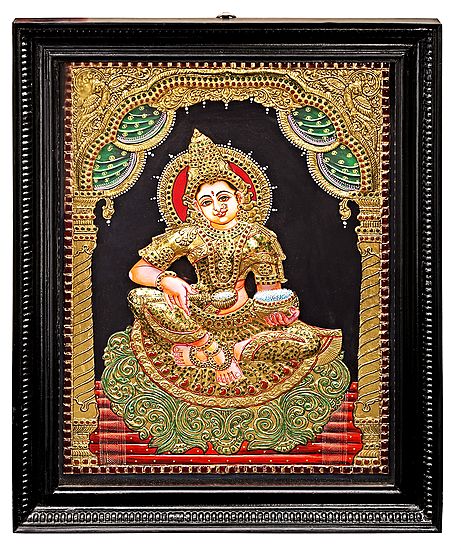 Devi Annapurna Tanjore Painting | Traditional Colors With 24K Gold | Teakwood Frame | Handmade | Made In India