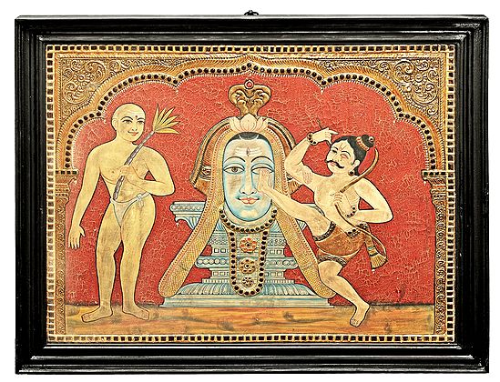 Large Bhakta Kannappa - Story of Bhagawan Shiva and A True Devotee |Tanjore Painting | Traditional Colors With 24K Gold | Teakwood Frame | Gold & Wood | Handmade | Made In India