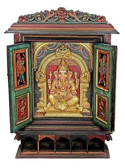 Stunning Ganesha Tanjore Painting With Large Wooden Traditional Door Frame | Traditional Colors With 24K Gold | Teakwood Frame | Gold & Wood | Handmade | Made In India
