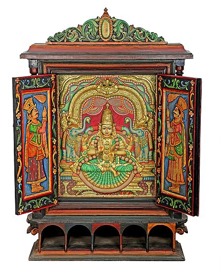 Glorious Gajalakshmi Tanjore Painting With Large Wooden Traditional Door Frame | Traditional Colors With 24K Gold | Teakwood Frame | Gold & Wood | Handmade | Made In India