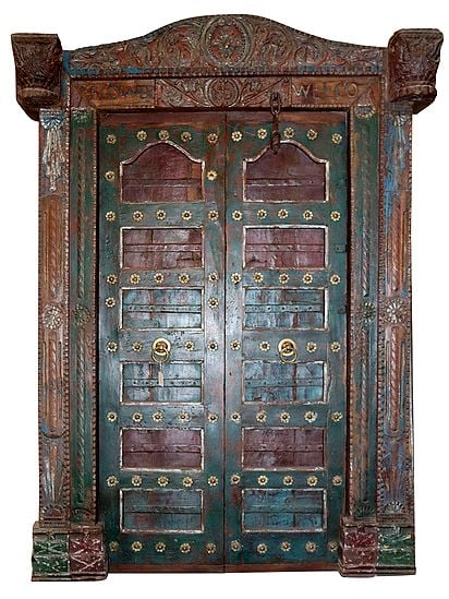 86" Large Wooden Designer Entrance Door with Brass Work | Vintage Indian Door