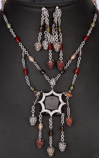 Coloured Glass-Gems Necklace With Star-Shaped Drops Pendant And Matching Bunched Danglers