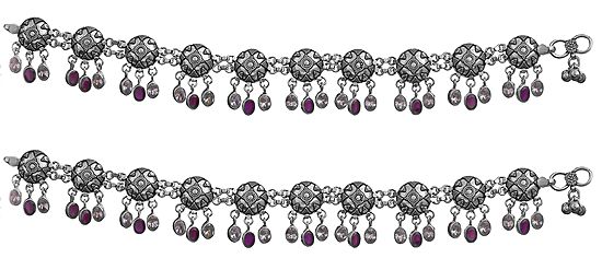 Sterling Silver Anklets With Ruby And Cubic Zirconia Drops