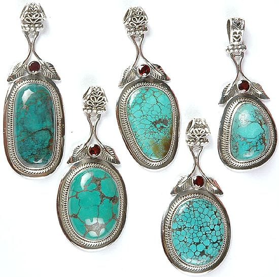 Lot of Five Spider's Web Turquoise Pendants with Garnet and Sterling Leaves