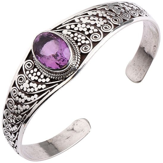 Sterling Silver Cuff Bracelet with Oval-Cut Amethyst (Adjustable Size)
