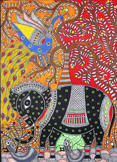 Elephant and Peacock with Tree of Life