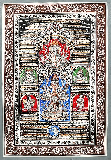 Ganesha-Lakshmi-Sarasvati Flanked By The Trideva And Garuda