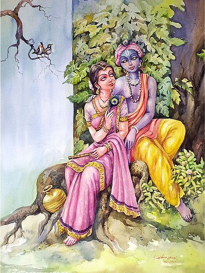 Radha Krishna Seated Under The Tree | Watercolor Painting by Sarat Shaw