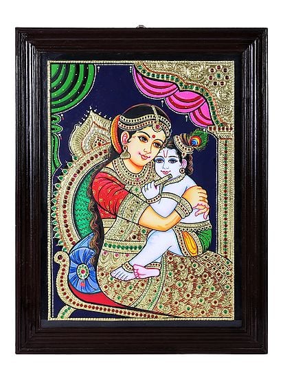 Maiya Yashoda with Bal Krishna Tanjore Painting | Traditional Colors With 24K Gold | Teakwood Frame | Gold & Wood