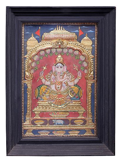Large Ganesha Seated on Throne Tanjore Painting | Traditional Colors With 24K Gold