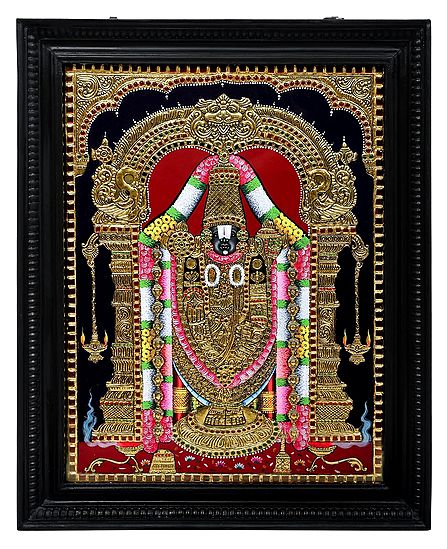 Lord Venkateshvara as Balaji Tanjore Painting | Traditional Colors With 24K Gold | Teakwood Frame | Gold & Wood | Handmade | Made In India