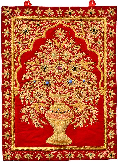 Jester-Red Handcrafted Decorative Jewel Wall Hanging with Intricate Zardozi Hand-Embroidered Flower Pot