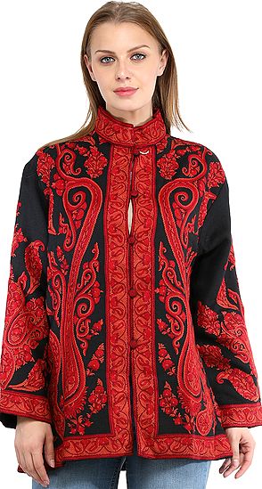 Caviar-Black Jacket from Kashmir with Aari Hand-Embroidered Paiselys in Red Colored Thread