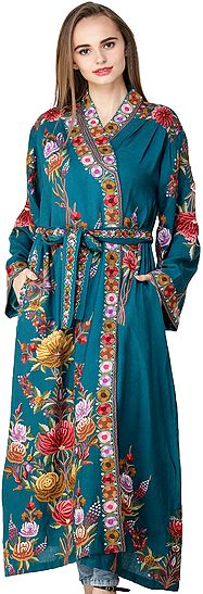 Blue-Coral Kashmiri Robe with Aari Embroidered Flowers by Hand