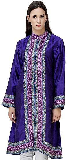 Clematis-Blue Kashmiri Long Jacket with Hand-Embroidered Flowers