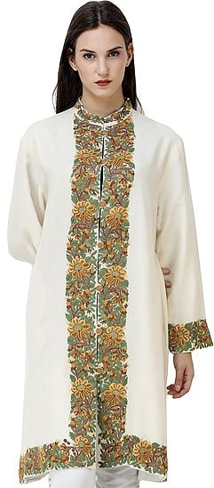 Banana-Cream Long Kashmiri Jacket with Hand-Embroidered Flowers