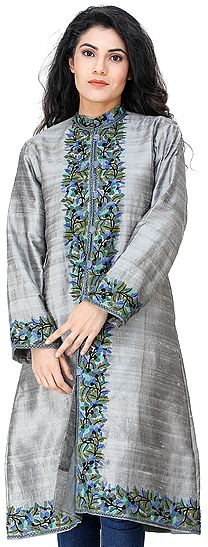 Silver-Gray Long Jacket from Kashmir with Floral Aari Embroidery by Hand