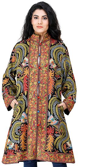 Pirate-Black Long Jacket from Kashmir with Heavy Hand-Embroidery of Flowers and Butterflies