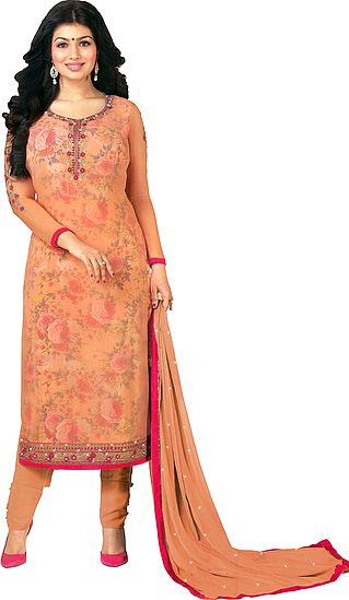 Peach Ayesha Long Choodidar Kameez Suit with Embroidered Flowers and Crystals
